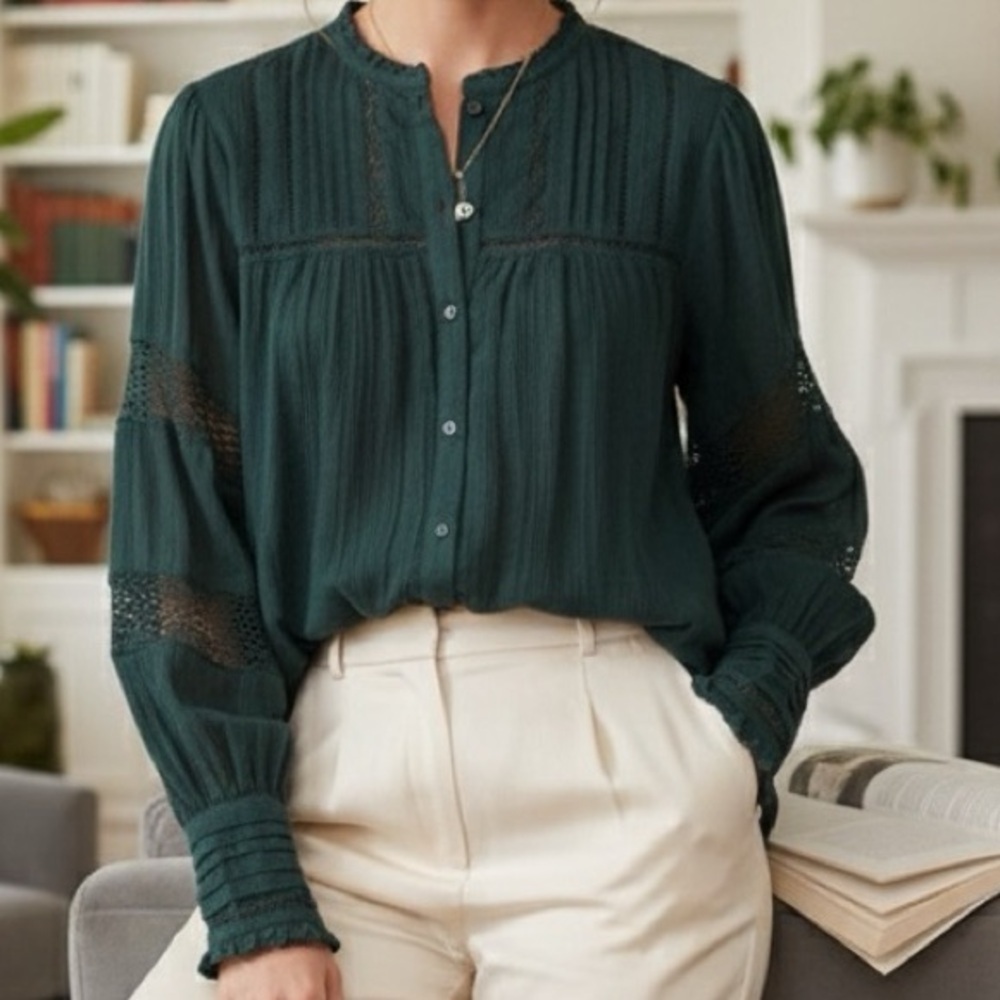 Free People Forest Green Ruffled Blouse